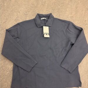 Zara Men's Long Sleeve Blue Polo Shirt Size Large New